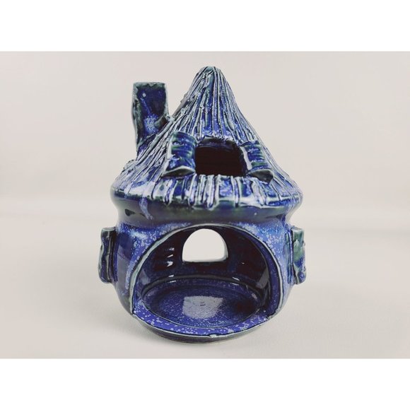 Cobalt Blue Glazed Art Pottery Fairy Cottage Tealight Candle Holder Artist Marke - Picture 11 of 14